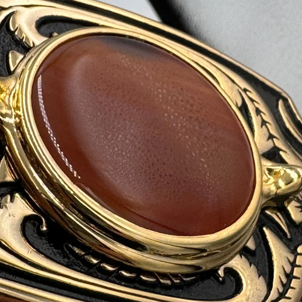 Vintage Western Belt Buckle Gold Tone Faux Carnelian Agate Floral Made in USA